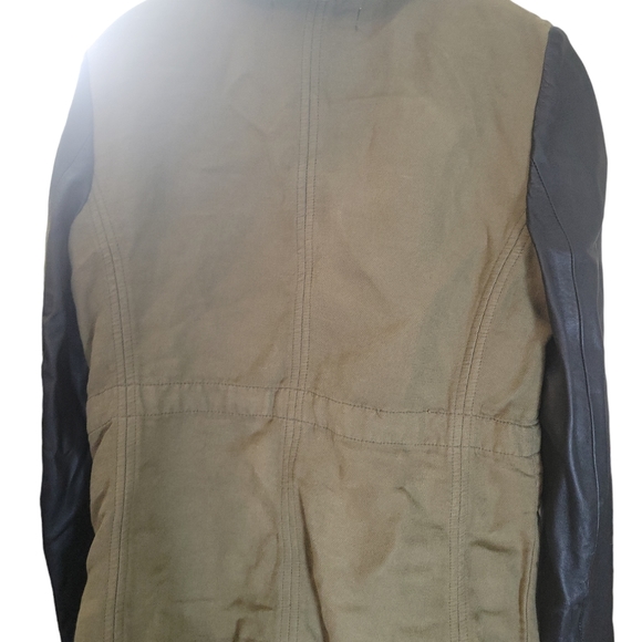 Zara woman olive green lenin blend black leather sleeves jacket - Picture 2 of 3